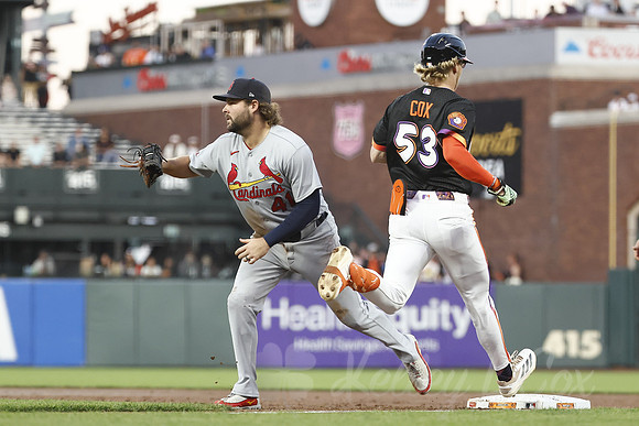 St. Louis Cardinals first baseman Alec Burleson (41), San Francisco Giants center fielder Jonah Cox (53)