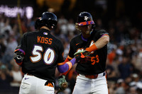 San Francisco Giants shortstop Christian Koss (50), San Francisco Giants center fielder Jonah Cox (53)