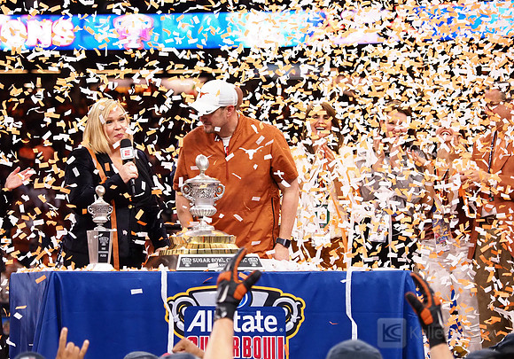 Holly Rowe, Texas Longhorns head coach Tom Herman