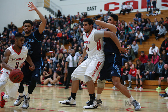 Cal State East Bay Pioneers center Darrick McIntosh (44)