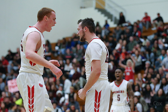 Cal State East Bay Pioneers forward Patrick Marr (24) and guard Cody Kale (22)
