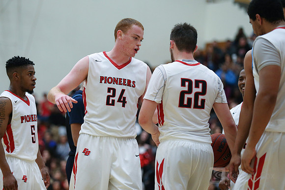 Cal State East Bay Pioneers forward Patrick Marr (24) and guard Cody Kale (22)